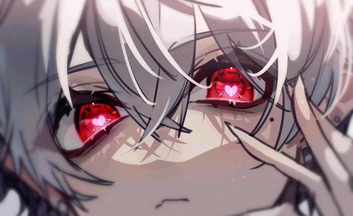 1boy male focus red eyes solo heart symbol-shaped pupils looking at viewer  illustration images