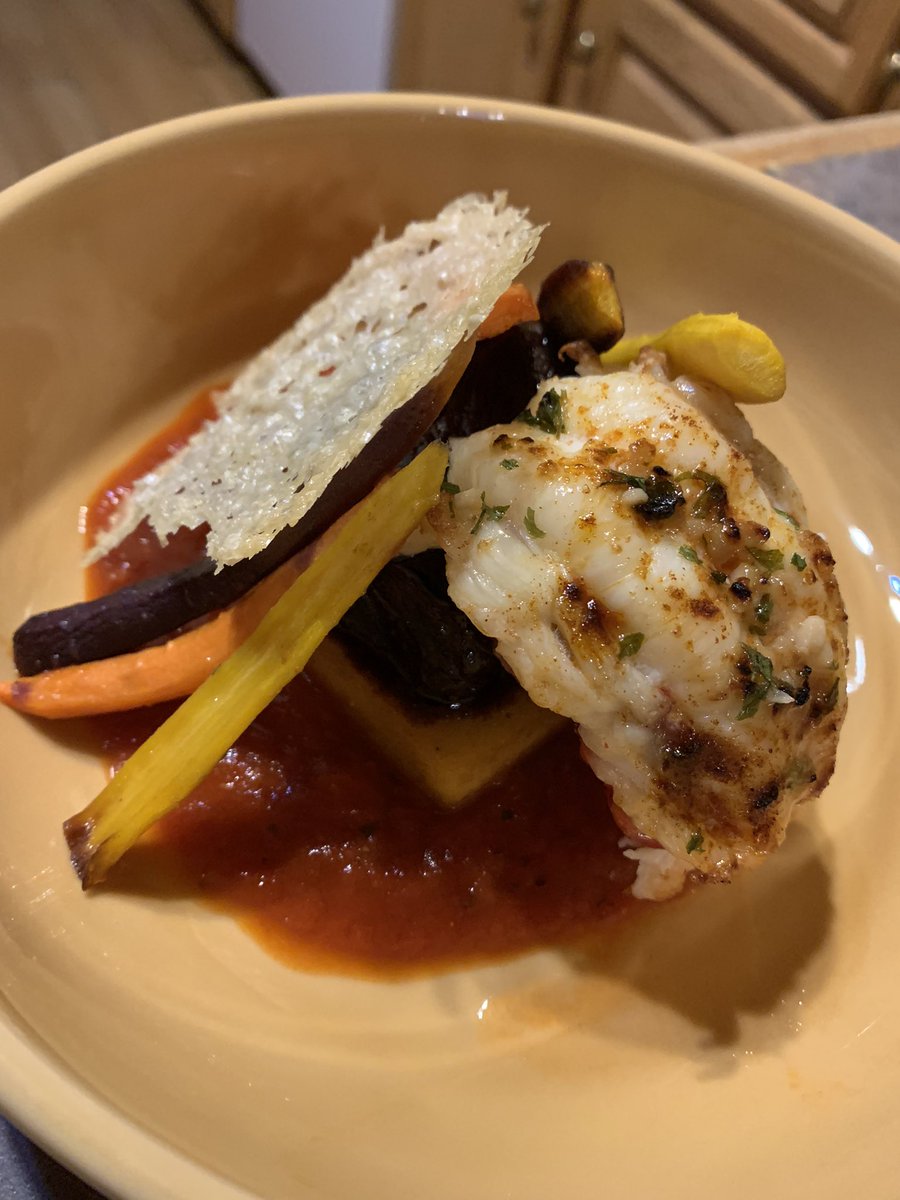 Stress cooking tonight. Braised beef on crispy fried polenta, heirloom carrots, lobster tail and parmesan crisp.