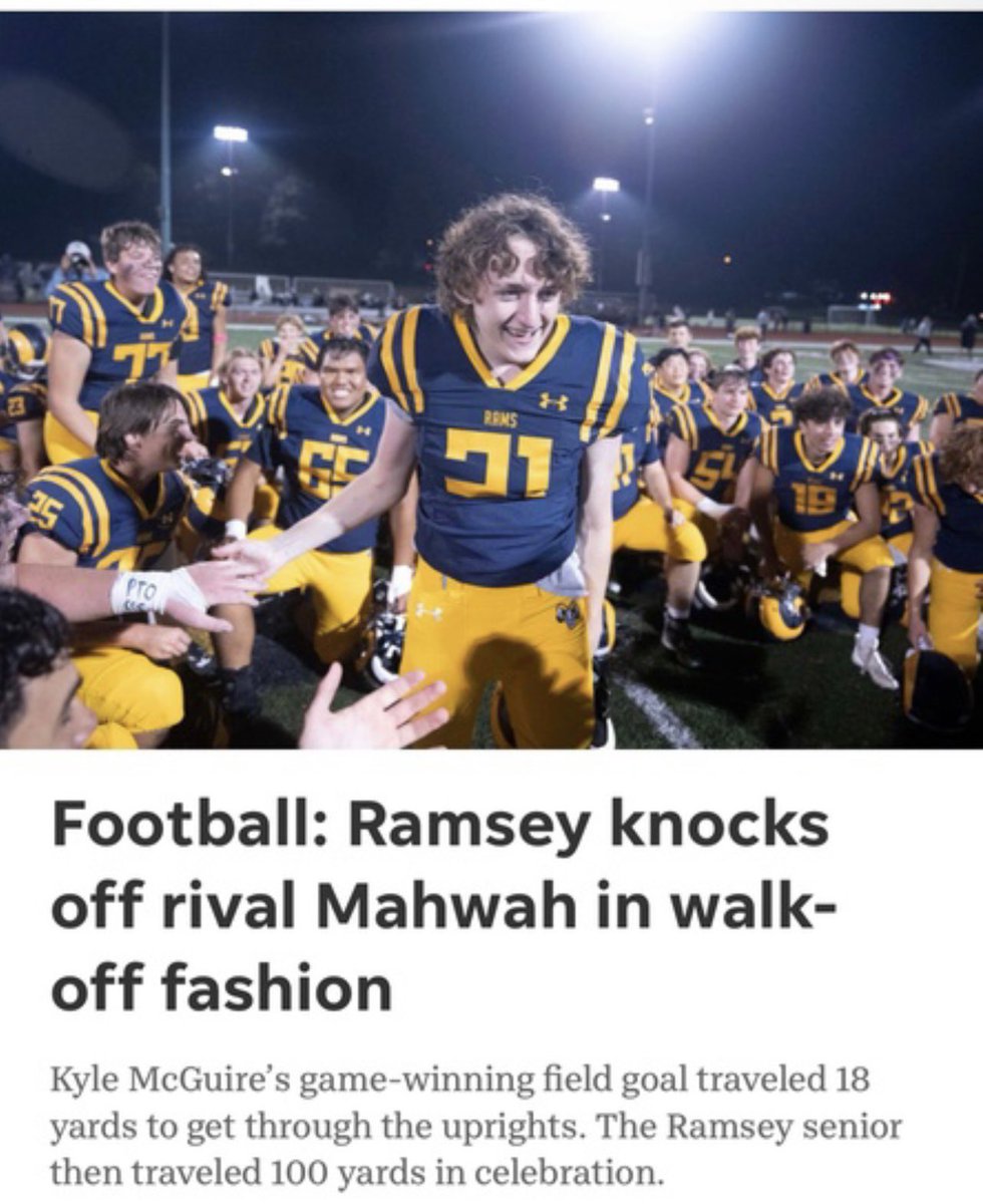 Ramsey Football (@ramseyramsfb) on Twitter photo Ramsey 17, Mahwah 14 - FINAL!
<a href="/kylemcguire21/">Kyle Mcguire</a> with the walkoff 18-yd FG! Ramsey 17, Mahwah 14 - FINAL!
<a href="/kylemcguire21/">Kyle Mcguire</a> with the walkoff 18-yd FG!