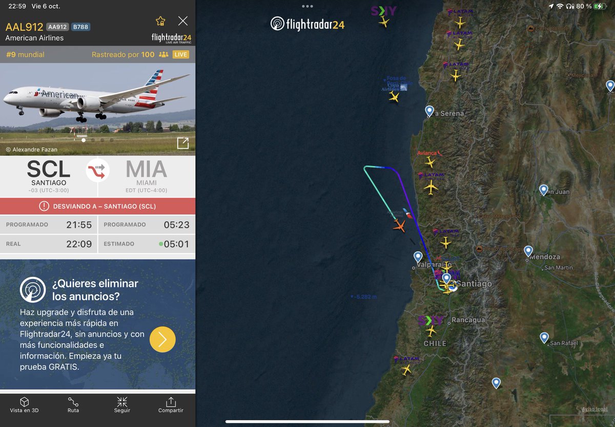 Vuelo 912 de American Airlines que volaba entre Santiago y Miami está volviendo a Santiago tras decretar emergencia abordo.