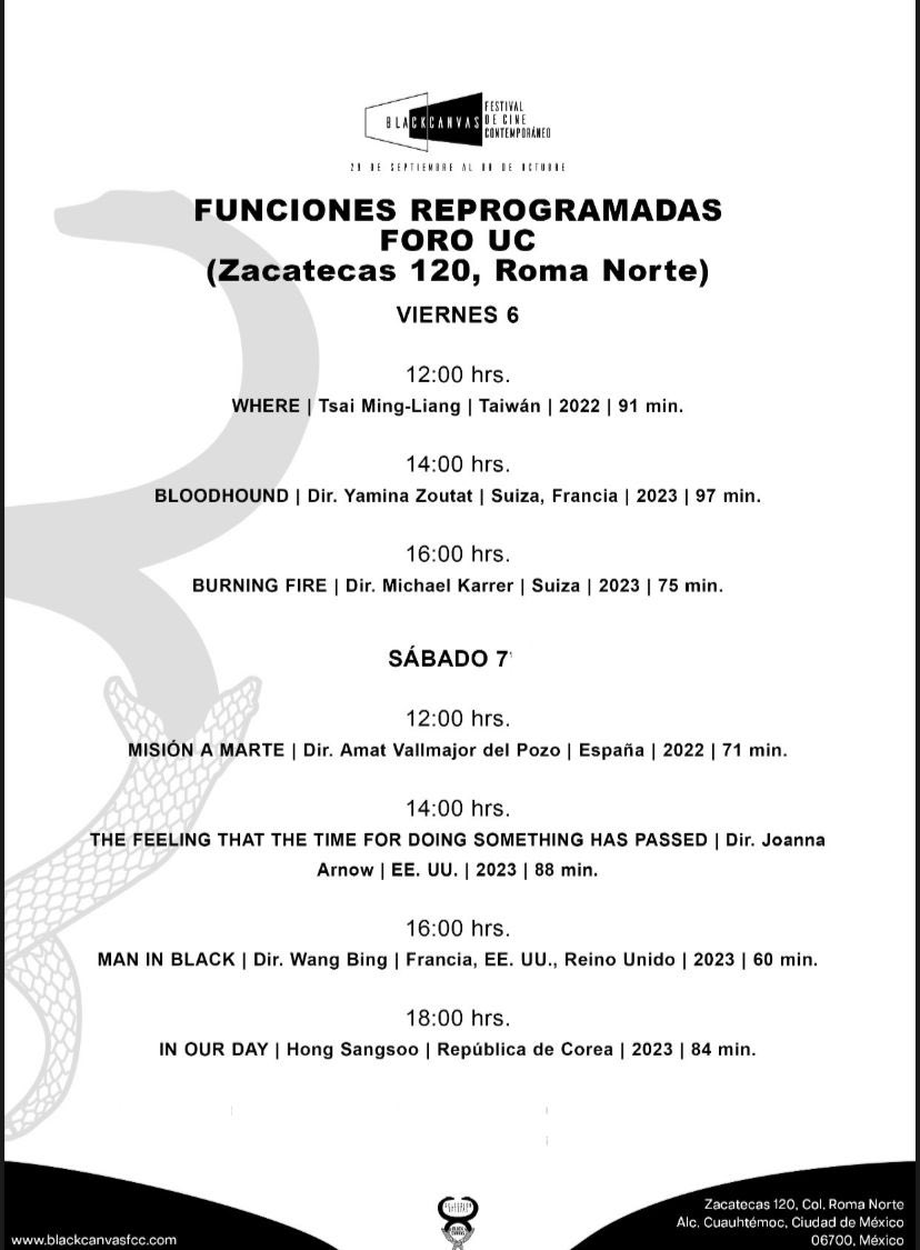 BlackCanvas_FCC's tweet photo. Conoce las funciones reprogramadas para este sábado 7 de octubre, en el #ForoUC de la Universidad de la Comunicación. #canvas7 #blackcanvasfcc @UC_oficial https://t.co/lz2Ixmqg1g