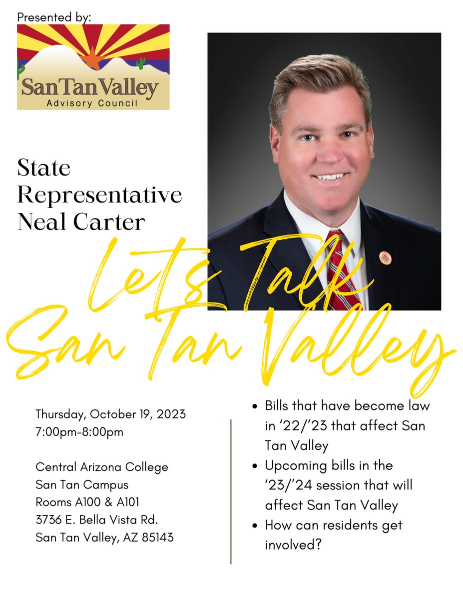 SanTanValleyAC's tweet photo. SAVE THE DATE 

Thursday, October 19, 2023
7:00pm-8:00pm 

Central Arizona College
San Tan Campus
Rooms A100 &amp; A101
3736 E. Bella Vista Rd.
San Tan Valley, AZ 85143

#nealcarter #arizonalaw #santan #santanvalleyaz #santanvalley #pinal #pinalcounty #pinalcountyaz #arizona https://t.co/vtnmWE67ca