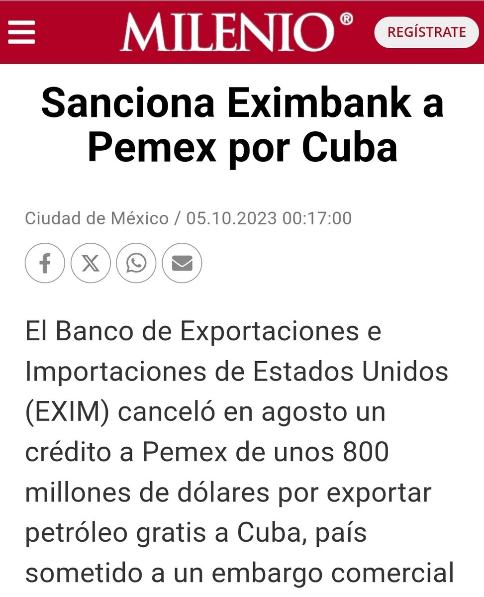 📍Para quienes siguen diciendo que el bloqueo "NO EXISTE"... 

El Banco de Exportaciones e Importaciones de Estados Unidos (EXIMbank) canceló en agosto pasado un crédito de $800 millones de dólares que había otorgado a la petrolera mexicana #Pemex, en represalia a las