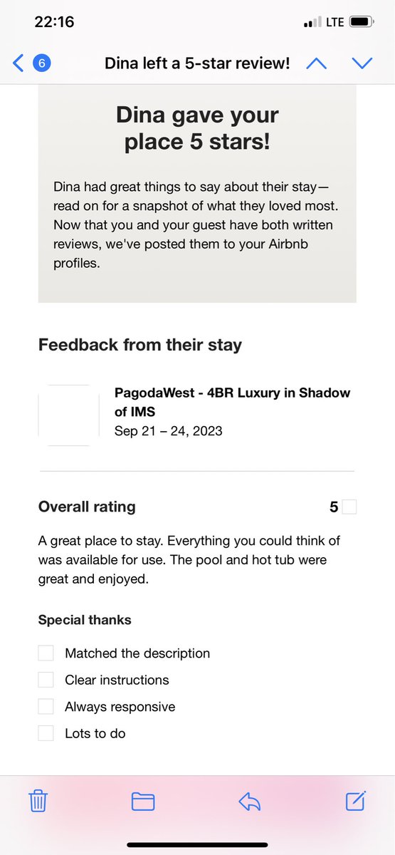 We’re on a hot streak with <a href="/JustinGrant40/">Justin Grant 🇺🇸</a> winning <a href="/IMS/">Indianapolis Motor Speedway</a> while staying with us.  Now we’ve just earned our 30th (of 30 guests) 5 ⭐️ review.  Thank you Dina!