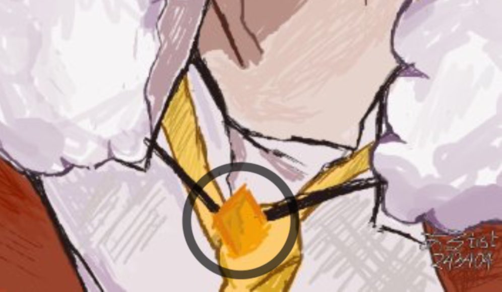 @Aejin7656 (If they did draw it) I’m pretty sure this was their vision for the tie (I can NOT draw ties sorry) and the ‘double strips’ might be the gem connected to the cape in another piece that just got hidden underneath the tie