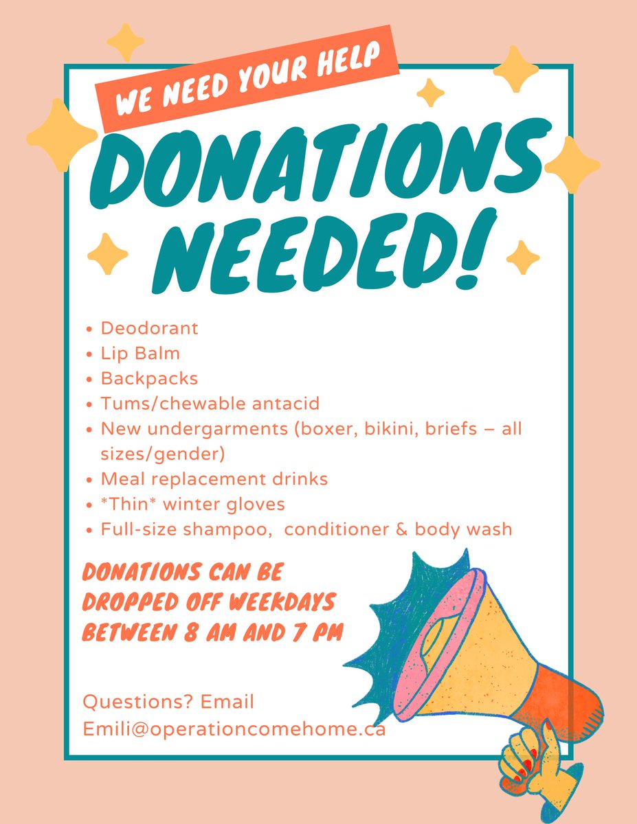 Operation Come Home (@ochottawa) on Twitter photo We're currently looking for donations for the youth at our drop-in! Yes, things like lip balm and winter gloves remind us that autumn is fleeting...but they will be needed very soon!
If you can help, please email Emili at emili@operationcomehome.ca and thank you! We're currently looking for donations for the youth at our drop-in! Yes, things like lip balm and winter gloves remind us that autumn is fleeting...but they will be needed very soon!
If you can help, please email Emili at emili@operationcomehome.ca and thank you!