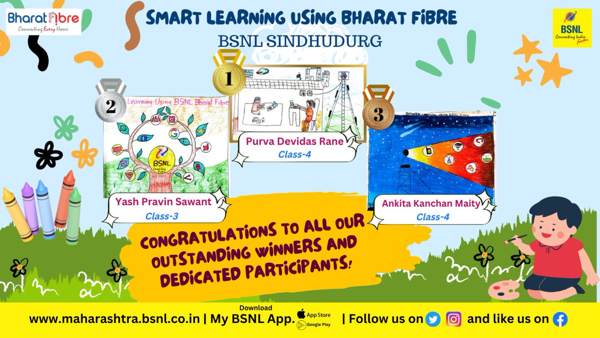 cgm_mh_bsnl's tweet photo. Congratulations to all our outstanding winners and dedicated participant children #smartlearning using #bharatfibre 
#BSNL Sindhudurg #FTTH #ConnectingIndia #DigitalIndia @CMDBSNL @BSNLCorporate https://t.co/ZfJJ4t60VG