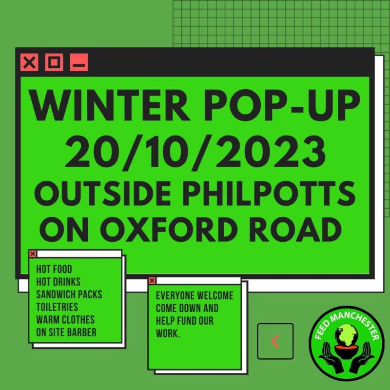 feed_manchester's tweet photo. To celebrate our 8th Birthday we will be holding a winter pop up on 20th of this month., outside Philpotts on Oxford Road.
Why not come down, support our work, speak to the team and find out more about how you can get involved. 🐝💚
#feedmanchester #helpthehomeless #community https://t.co/m5RPHkzKwv