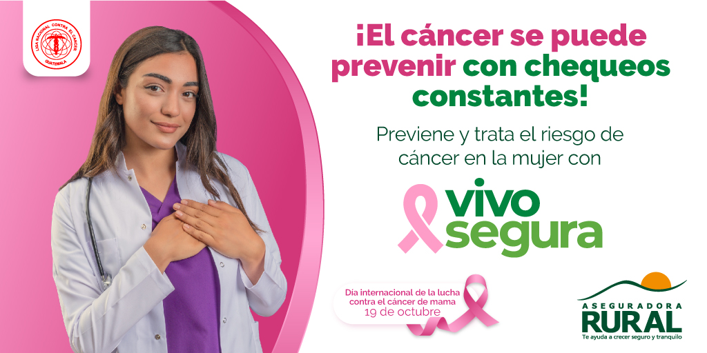 ¡Vive segura y tranquila! 💟 Con #VivoSegura previenes y tratas el riesgo de cáncer en la mujer. 👩
Solicita más información:
🌷 WhatsApp: 2338-9999
🌷 Correo: servicio.cliente@aseguradorarural.com.gt
