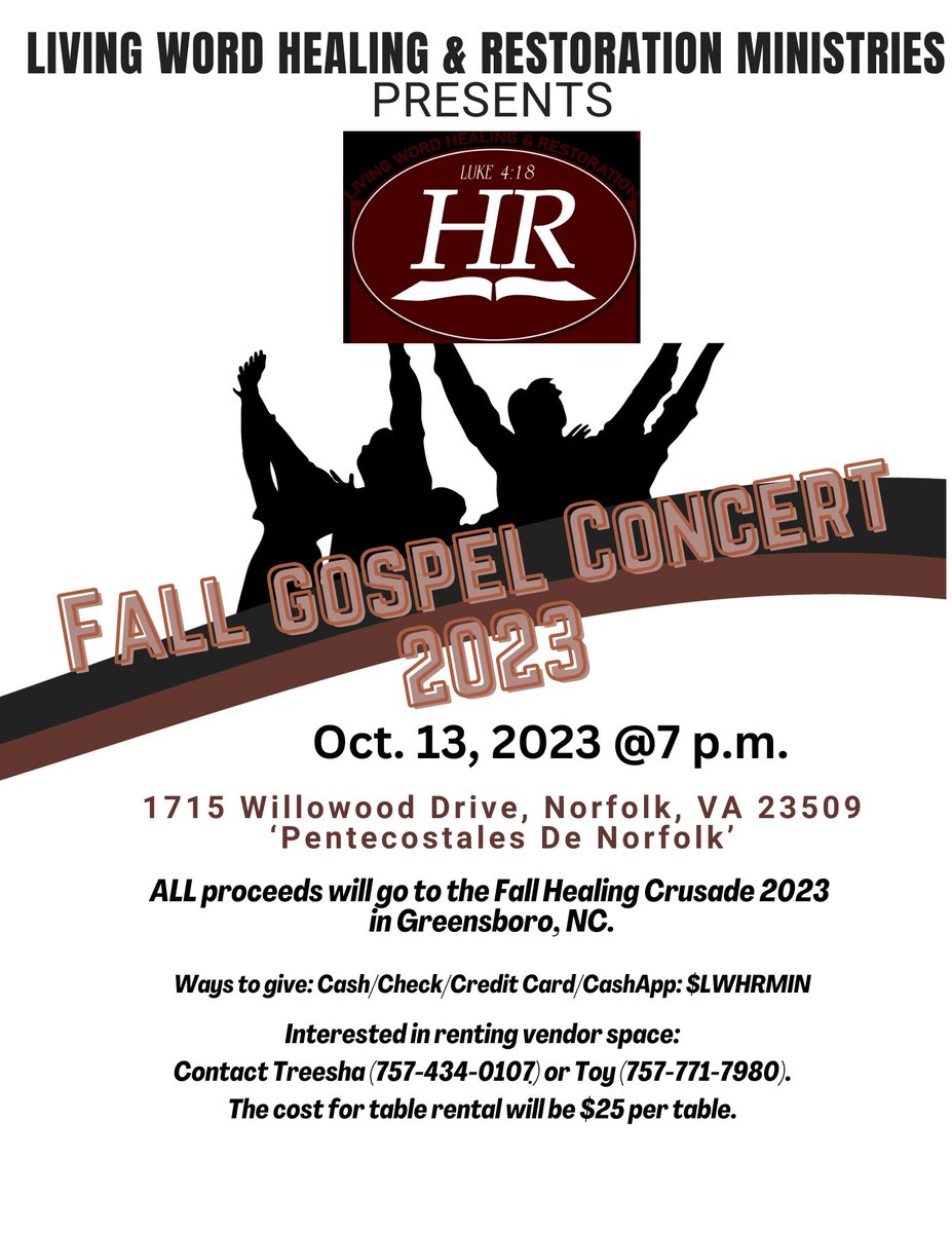 worth757's tweet photo. Greetings Everyone! MARK YOUR CALENDARS!!! Come One, Come All to the Fall Gospel Concert 2023. All proceeds go to the Healing Crusade in Greensboro, NC in November. All donations are welcome. All the details are posted on the flyer. Please share with everyone you know. https://t.co/4CLmMPcIUl