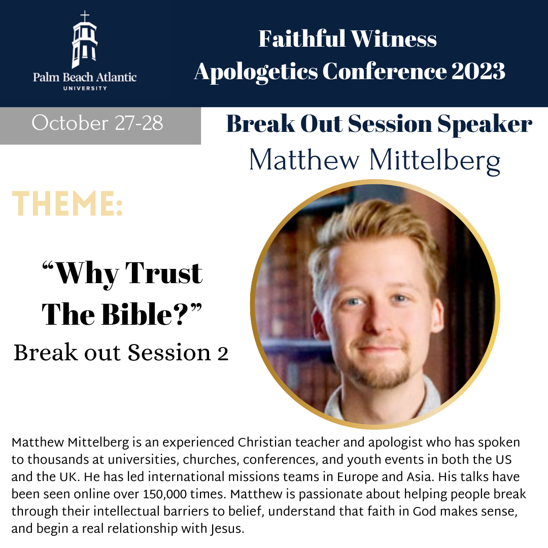 pba_mapr's tweet photo. Matthew Mittelberg is our next break out session speaker. Join us to hear Matthew discussing why we can trust the Bible.
Register at https://t.co/9qTI9CtXfc
#philosophy #philosophyofreligion #christianphilosophy #apologetics #faithandreason #christianapologetics #pbauniversity https://t.co/DytnRSDQ7B