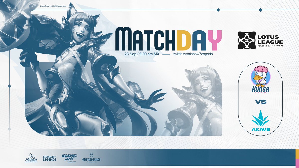 KunsaTeam's tweet photo. 🪷𝗠𝗔𝗧𝗖𝗛𝗗𝗔𝗬🪷 | Jornada #3 | @LigaLotus
vs @AkaveEsports 🌿

Partido crucial para pasar a los playoffs. 🫡

🗓️6 Octubre
📺#twitchtv --> @Rainbow7lol 🌈
⏰9:00 P.M. 🇲🇽🇬🇹 | 10:00 P.M. 🇨🇴🇵🇪 | 12:00 A.M. 🇦🇷🇺🇾

#KSAWIN #LeagueOfLegends https://t.co/NdOh3NLxWP