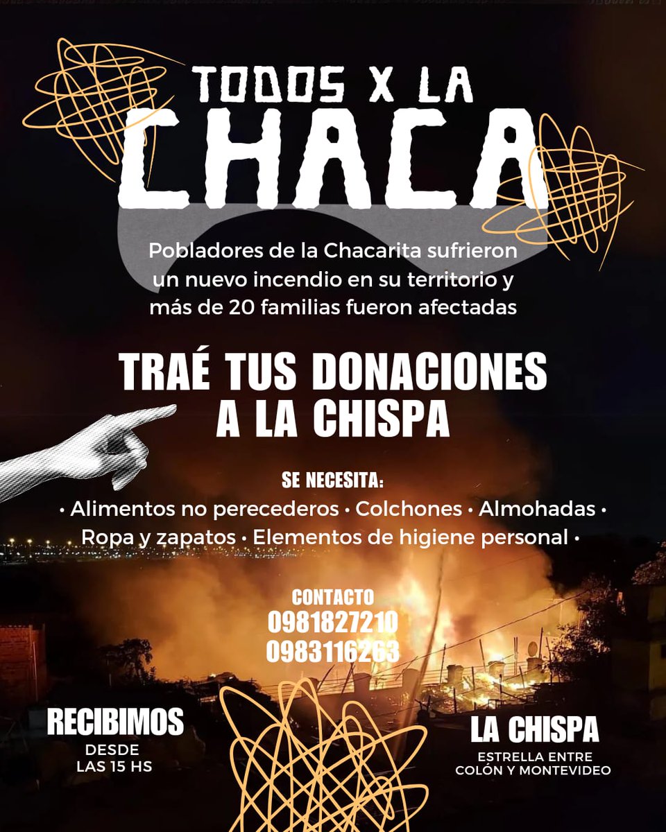 LaChispaCultura's tweet image. TODOS X LA CHACA ❤️🔥
Mañana y domingo vamos a estar juntando víveres, ropa, zapatos, colchones, etc, en La Chispa para llevar a las familias que fueron afectadas por el incendio en La Chacarita.
Contactos al 0981827210 o 0983116263
RT PORFA