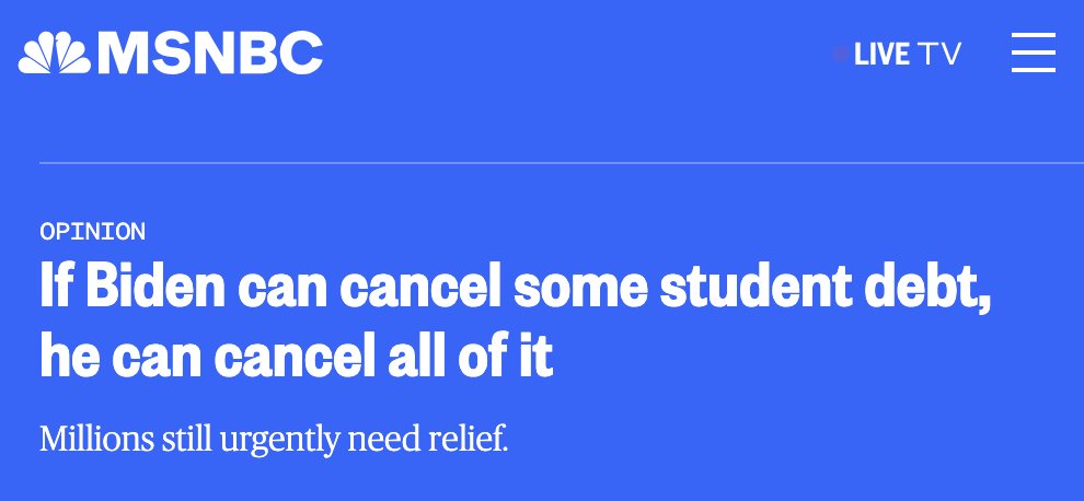 StrikeDebt's tweet photo. "Canceling student debt is perfectly legal and urgently needed. The Higher Education Act lets the secretary of education “compromise, waive or release” debt. There's nothing in that law that delimits either the volume or velocity of cancellation."

Our Op-Ed today in @MSNBC: https://t.co/m74SruFyt5