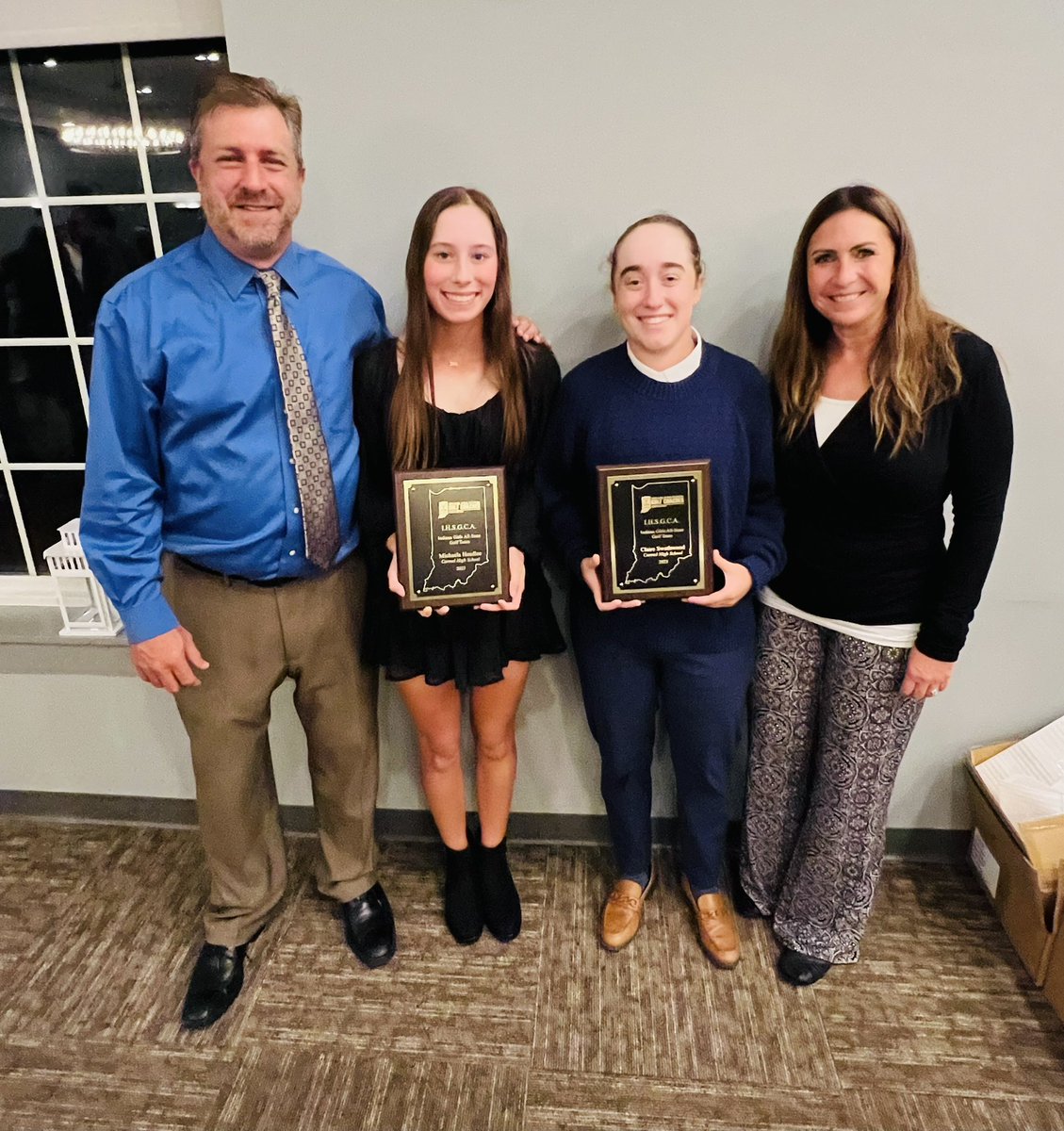 CarmelGolfGirls's tweet photo. Happy to celebrate our two All-State players tonight. Congrats to seniors Claire Swathwood  and Michaela Headlee!  This was Claire’s 2nd All-State selection and Michaela’s 4th (FOURTH!!). https://t.co/kit61EMt5U