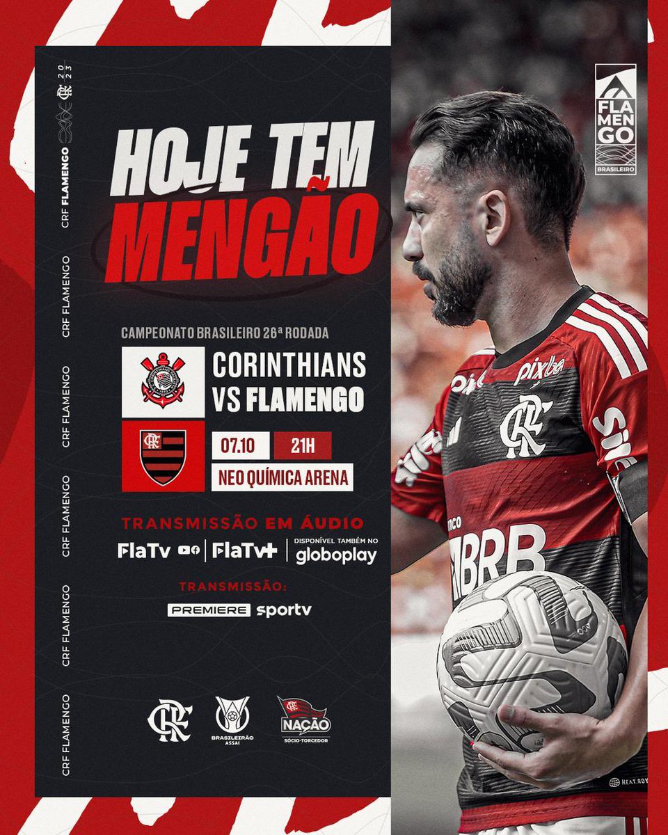 Flamengo's tweet photo. HOJE TEM MENGÃO NO BRASILEIRÃO! 

Às 21h, o Mais Querido enfrenta o Corinthians, fora de casa! Vamos com tudo em busca dos três pontos! 

#CORxFLA #VamosFlamengo https://t.co/ae111WwvUn