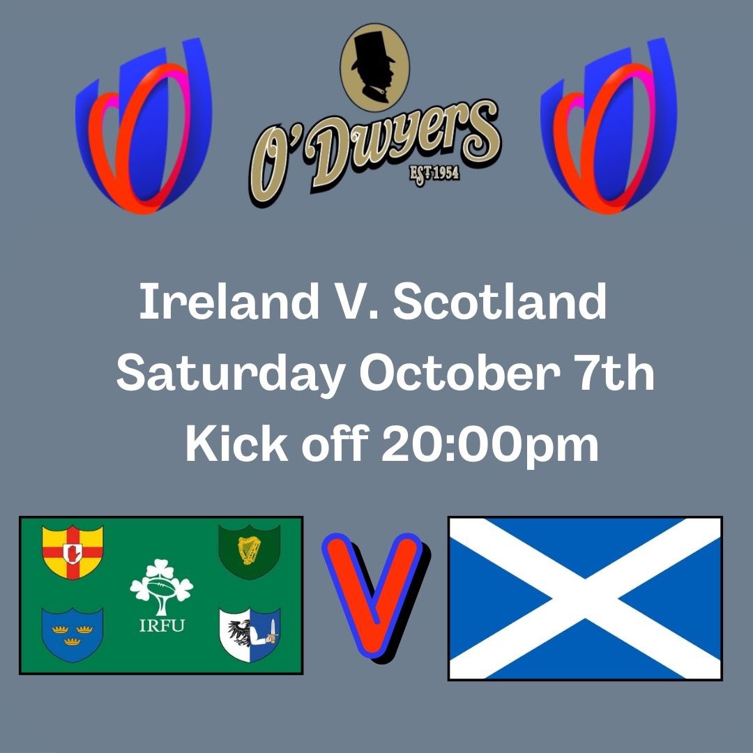 🏉 Rugby World Cup at O’Dwyers! 🏉 Watch the matches live at O’Dwyers! 🏉Wales 🏴󠁧󠁢󠁷󠁬󠁳󠁿 V. Georgia 🇬🇪 - 2pm. 🏉England 🏴󠁧󠁢󠁥󠁮󠁧󠁿 V. Samoa 🇼🇸 - 4:45pm. 🏉Ireland 🇮🇪 V. Scotland 🏴󠁧󠁢󠁳󠁣󠁴󠁿 - 8pm. Don’t miss the action! 🏉 Catch all Rugby World Cup fixtures live at O’Dwyers! 😃 #rugby #irfu #rwc