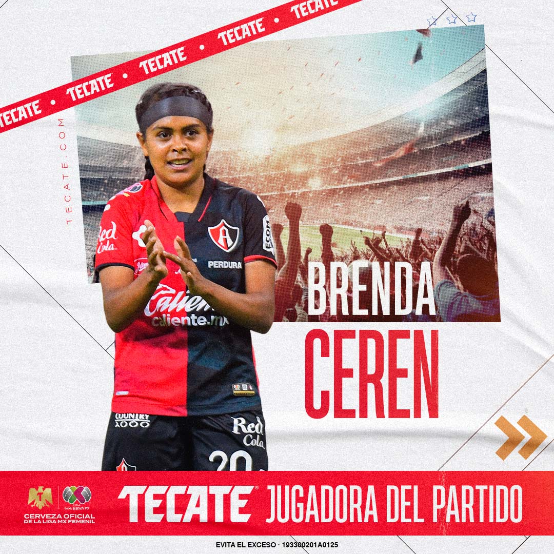 LigaBBVAFemenil's tweet photo. #JugadoraDelPartido @cervezatecate -  Brenda Ceren 🔥

La delantera de 🇸🇻 El Salvador marcó gol y puso una asistencia, para un valioso triunfo del @AtlasFCFemenil; las rojinegras quieren estar en la Fase Final. 🎟️

#TecateJugadoraDelPartido | #CervezaOficial | #LigaBBVAMXFemenil https://t.co/dsU2BIEsI6