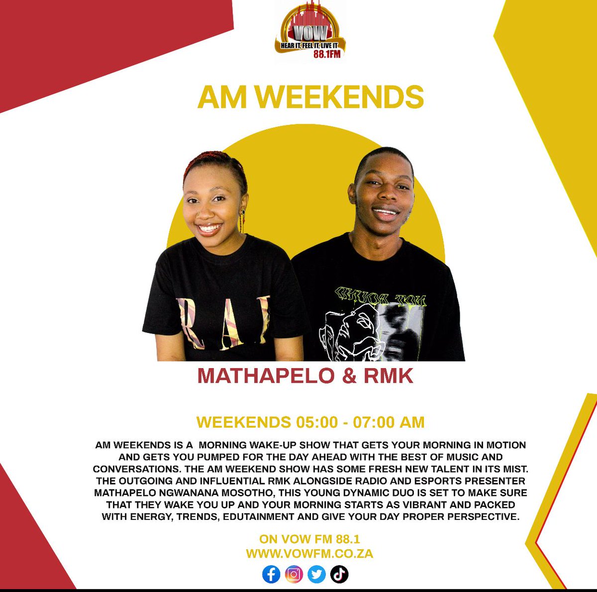 vow_881's tweet photo. [ON-AIR] #AMWeekends w. @RMK_SA1 &amp; @Bello_SMALLZ 
AMCHAT:What’s something that got the hype ,you feel like it didn’t deserve ?
&amp;
Weekly gist 
&amp;
Later we chat to Diolan Govender 

#AMWeekends 
📻:88.1
🌏:https://t.co/xfVRyYfFgT https://t.co/GBpMS6V98t