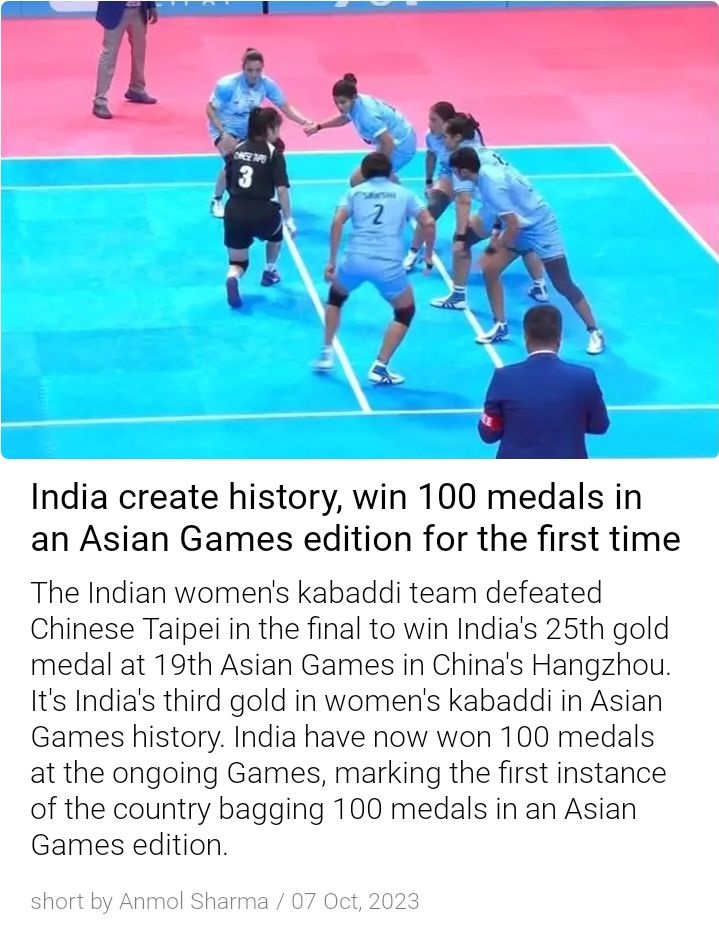 debasishnbu's tweet photo. Historic moment for India.. 100 medals at Asian games..!!🏅 🥈 🥉
A milestone achieved.
Kudos to athlets for their hard work and determination.. many congratulations.. 👏 
#AsianGames23
#PMOIndia https://t.co/qUuAkp6kuD