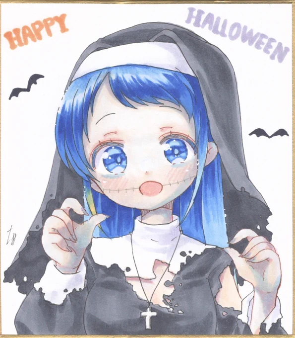 #ハロウィン の仮装でゾンビシスターになるも、服の破れ目から見える肌を青く塗るのを忘れちゃう、ドジっ子さみちゃん ハロウィンシリーズちょっと描いてきます 今日〜月曜日でBOOTH置く予定!