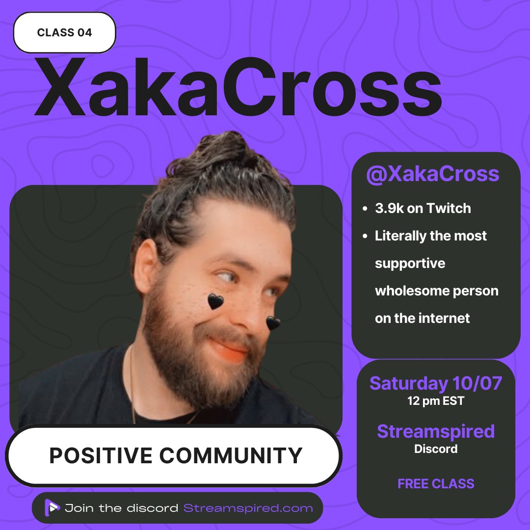 Our 4th official class is tomorrow 10/07 at 12pm EST!

<a href="/XakaCross_/">Cross 👑</a>  will be talking about his story and growing a positive community🙏

Anyone is welcome to join in listen, ask questions, and chat!

See you there❤️
discord.com/events/1133766…