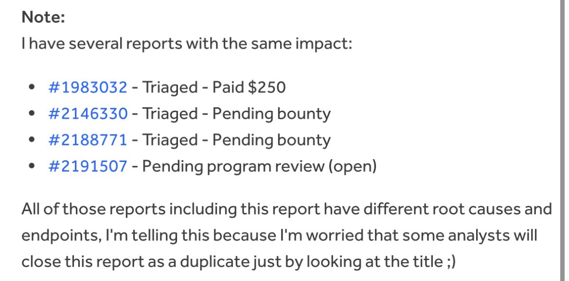 Alhamdulillah this is my trick to avoid self-duplicate when finding bugs with the same impact but on different urls/endpoints 

#hackerone #bugbountytips