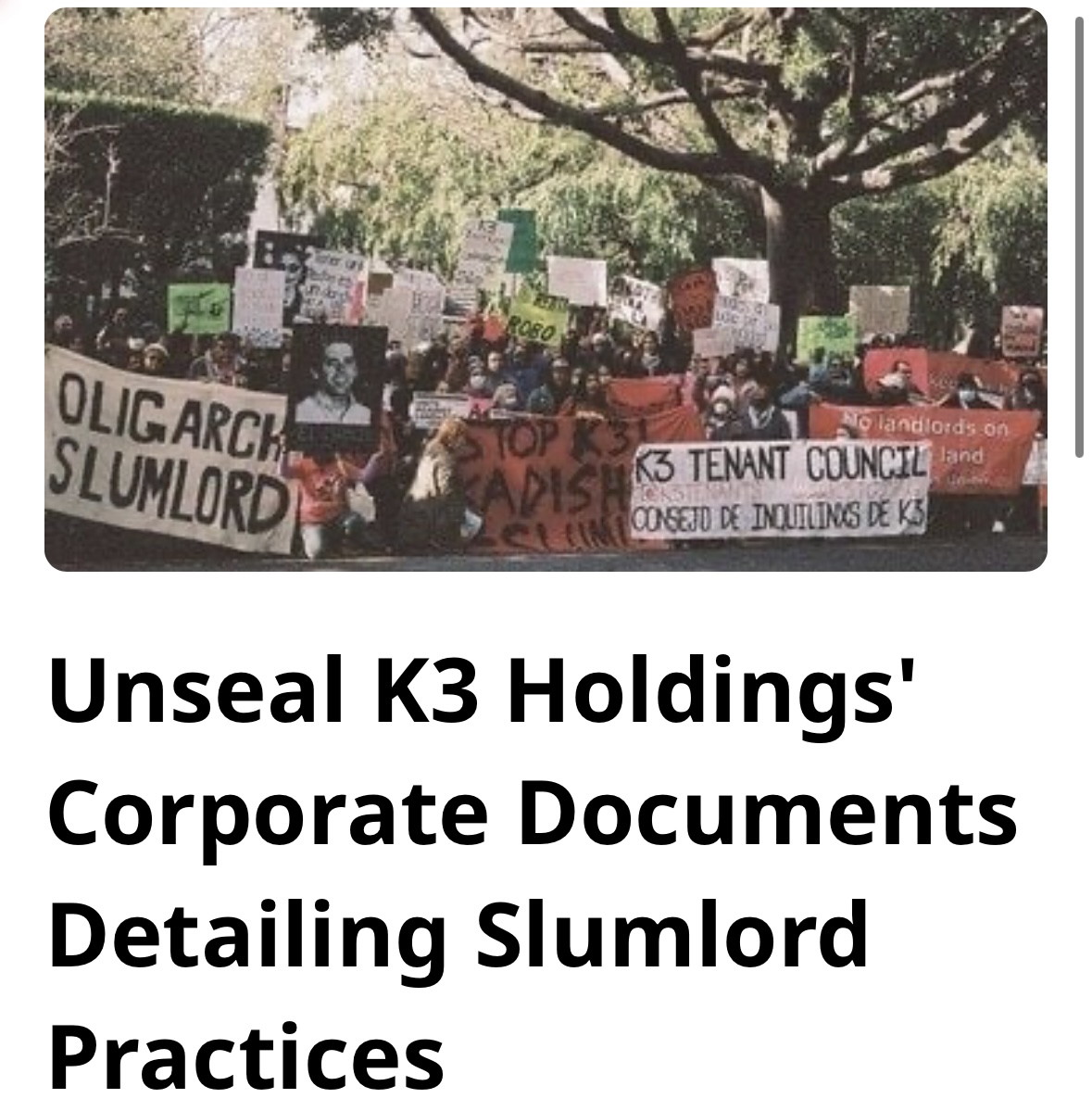 Take one minute to sign our petition below, calling on the presiding judge in a K3 lawsuit to unseal company documents showing how K3 displaces hundreds of below-market rate tenants out of their long-time homes.
change.org/p/unseal-k3-ho…