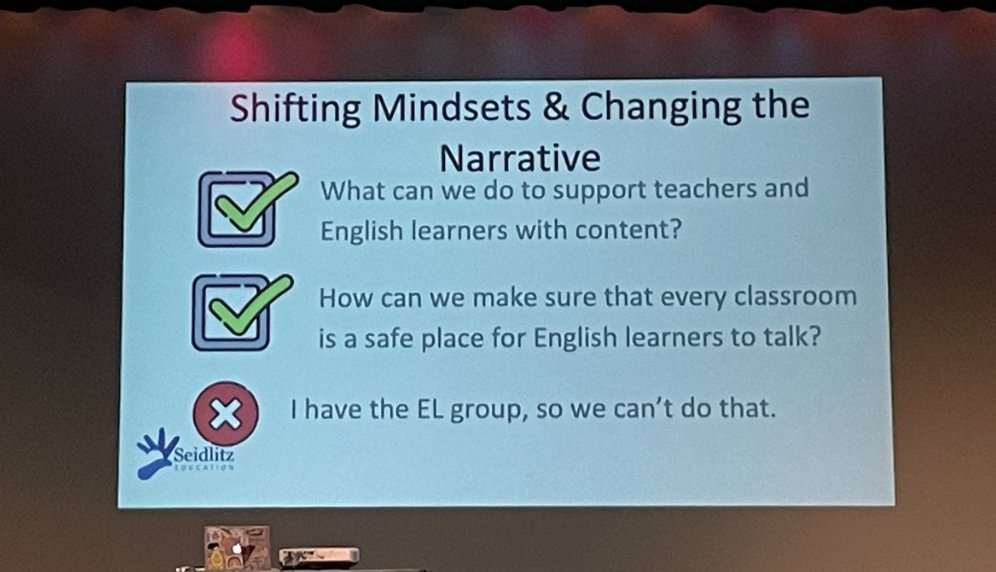No longer: Why are they in my class? Or, they only talk when pulled out. Or in my experience, 'I have so many low ELs in my class”. Change the narrative to an asset based mindset. @ValentinaESL @Seidlitz_Ed
