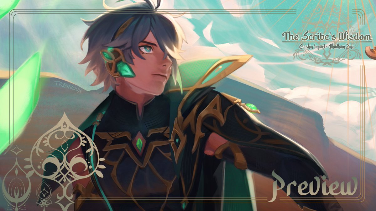 here's a sneak peek of my piece for <a href="/Alhaitham_Zine/">The Scribe's Wisdom - Alhaitham Zine</a> 📸!!
preorders are now live at alhaithamzine.bigcartel.com

#alhaitham #原神