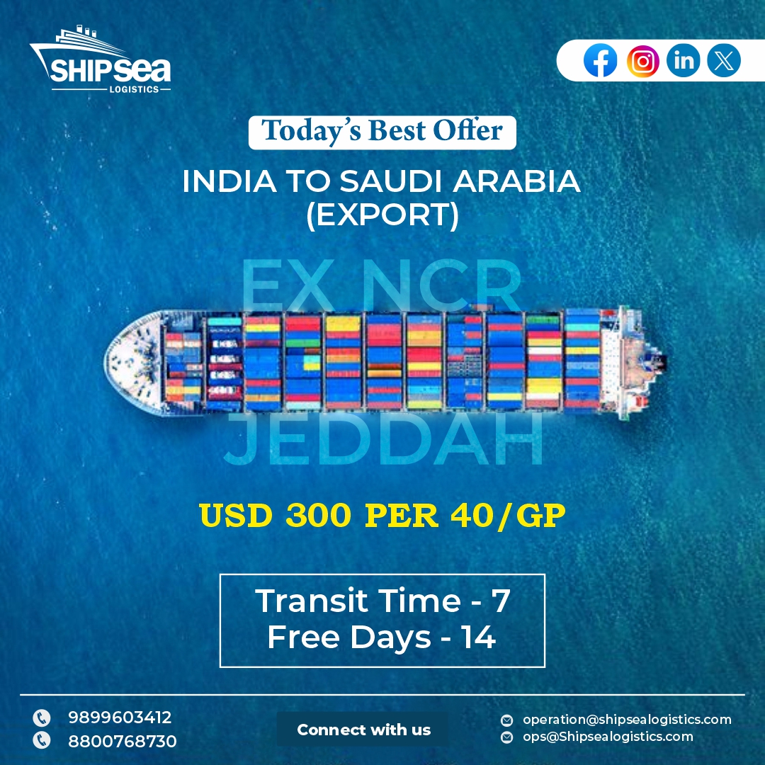 Shipsealogistic's tweet photo. Take Your Exports to the Next Level with SHIPSEA Logistics. We are offering unbeatable Rates from India to Saudi Arabia. Don't Delay, Ship Today – This is a Limited-Time Deal! Get in touch with us to avail this offer at https://t.co/ECp00NK6uJ

#IndiatoUAEExport #Dakar https://t.co/t1hOASNs0x