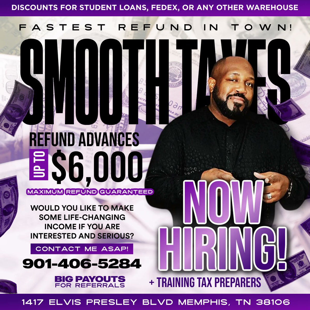 EricBla01870111's tweet photo. IT'S YOUR GUY Eric B Ceo WITH SMOOTH TAXES LETTING EVERYONE KNOW THAT WE ARE NOW HIRING AND TRAINING TAX PREPARES FOR THE UPCOMING TAX SEASON SO IF YOU ARE INTERESTED AND SERIOUS ABOUT MAKING SOME LIFE CHANGING INCOME THEN CONTACT ME ASAP 901-406-5284 SO ONLY IF YOU ARE SERIOUS https://t.co/R905q5AvOC