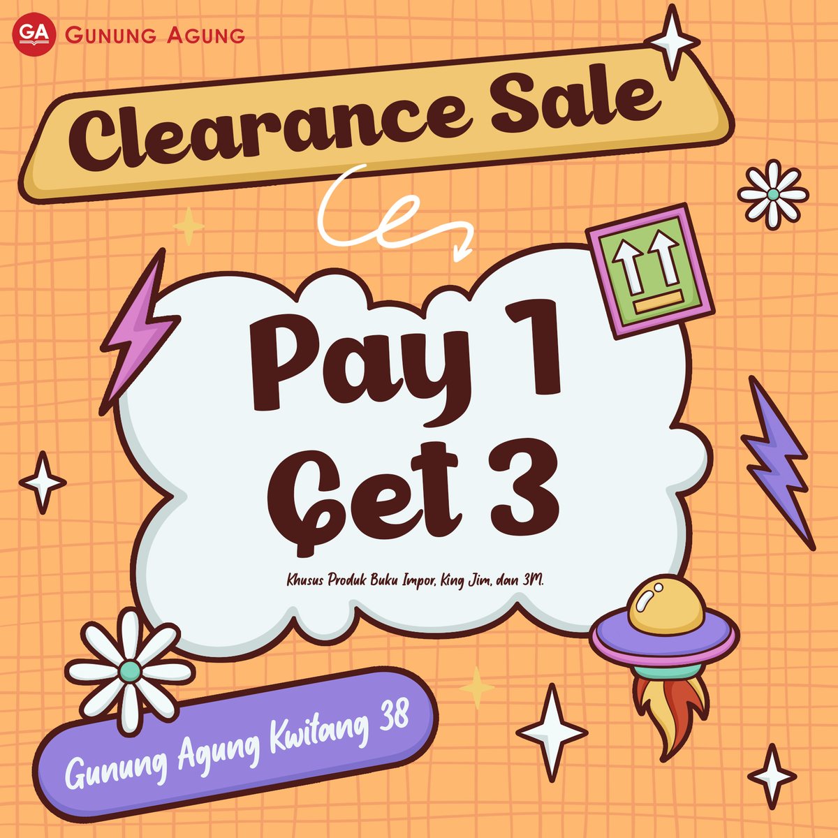 YUK DIBORONG!💥🏃‍♀️💨

Promo #Pay1Get3 masih ada untuk kamu yang masih cari buku impor, atau produk keperluan kantor dan sekolah dari King Jim dan 3M!👀

Borong juga promo #Buy1Get1 untuk alat tulis, buku murah serba 10k, dan diskon sampai 20% untuk produk kategori teknologi!🤑