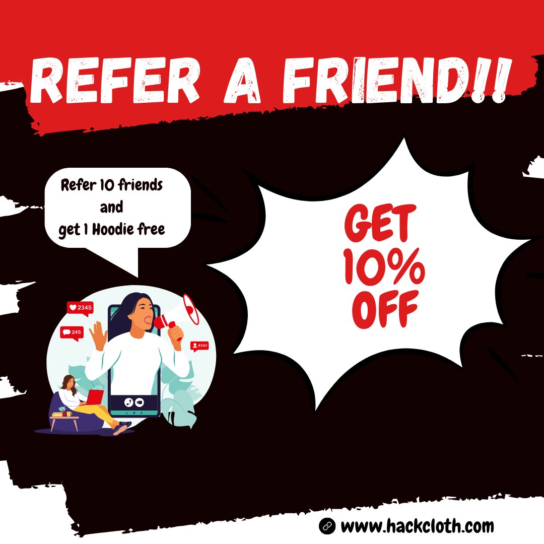 Invite a friend to purchase and receive a 10% discount when they make a purchase.

#hacking #cybersecurity #bughunting #Referral #hackcloth