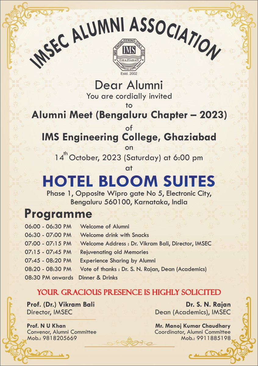 Invitation of Alumni Meet (Bengaluru Chapter - 2023).
.
.
.
#imsec143 #engineeringcollege #colleges #AlumniWeekend #bangalore #reconnect #AlumniChapter #nostalgia #bengaluru #Chapter #passout #engineeringlife #alumni #alumna #reconnect #AlumniMeet #invite #invitations #college