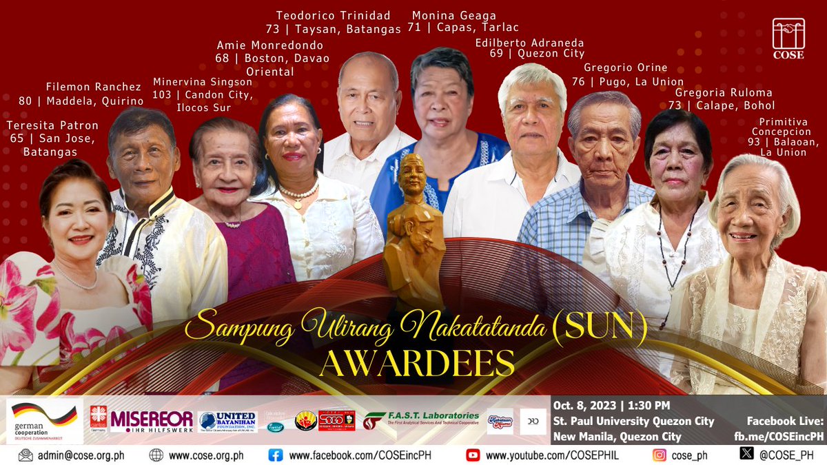Abangan ang buong kuwento ng kabayanihan at paglilingkod ng Sampung Ulirang Nakatatanda (SUN) 2023 Awardees.
Sama-sama po nating kilalanin, pasalamatan at parangalan ang Sampung Ulirang Nakatatanda ngayong October 8!
#SampungUlirangNakatatandaAwards2023
#COSEisProOlderPersons