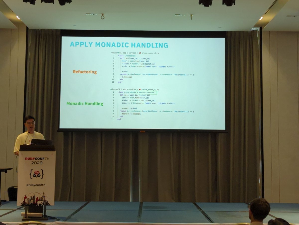 RubyConf Thailand (@rubyconfth) on Twitter photo Refactoring error handling using service objects and monads @dugiahuy #rubyconfth Refactoring error handling using service objects and monads @dugiahuy #rubyconfth