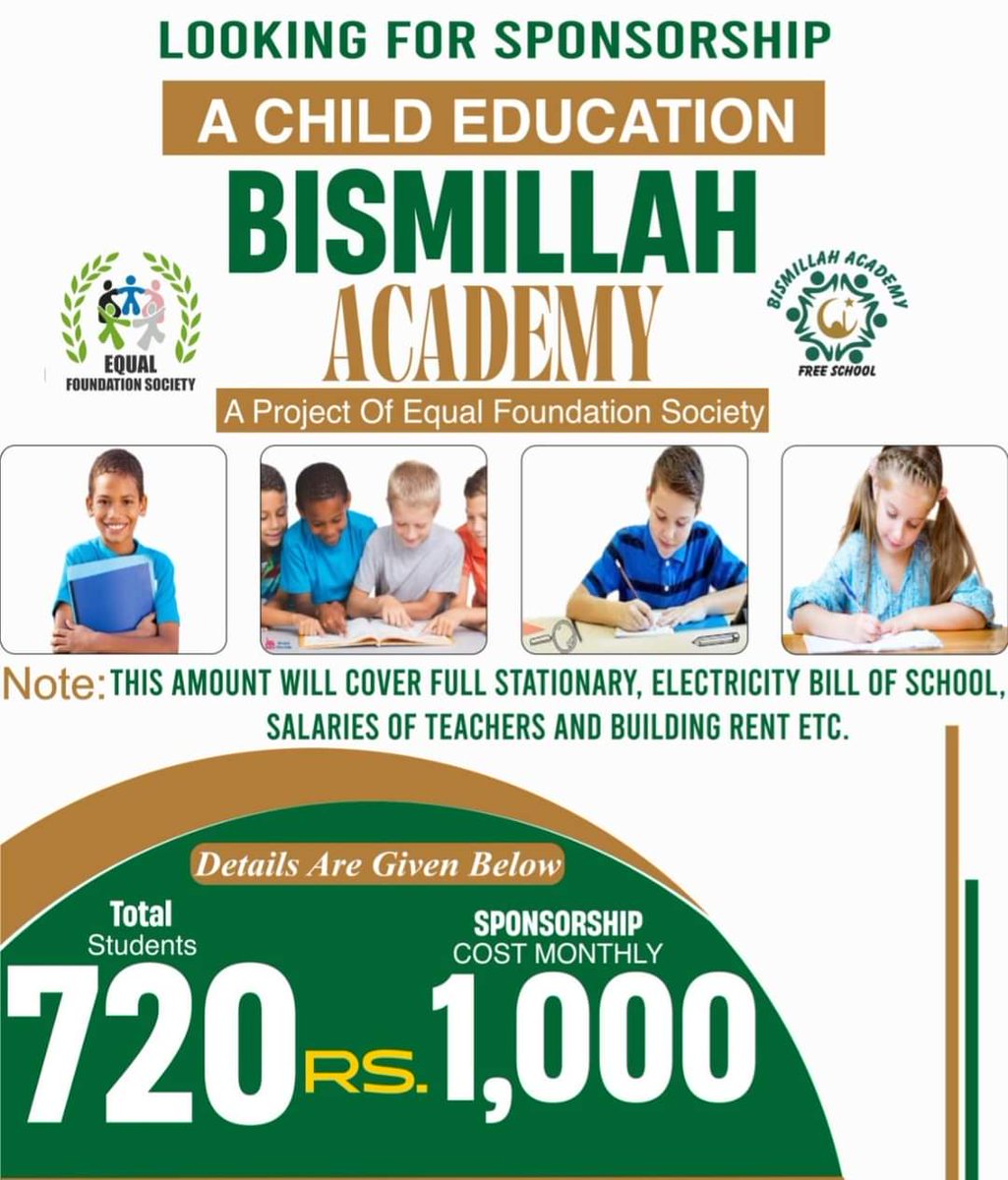 EqualFSociety's tweet photo. As Salam O Alaikum,
Now, We Are Looking Sponsorship For 278 Students. One Friend For One Child. Let's Do It On Monthly Basis. https://t.co/QjLSljN323