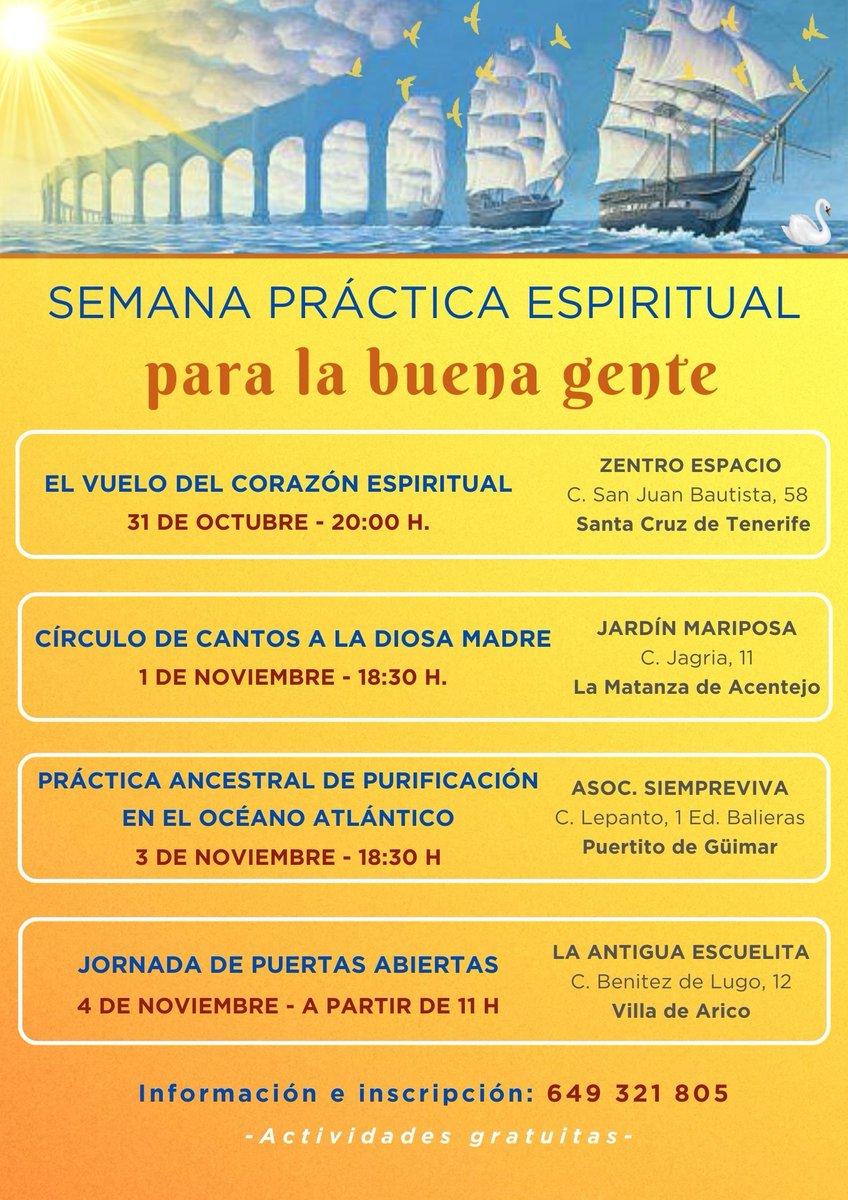 EcoCanaria's tweet photo. En #Tenerife y #GranCanaria vuelven las conferencias abiertas de y para la #buenagente.
El #despertar pasa por la toma de #conciencia de una realidad mas amplia.
Participar es una oportunidad para personas atrevidas y #almas buscadoras.
Desde lo alto nos envían mensajeros. Urrá! https://t.co/Y6DYjmoHg4