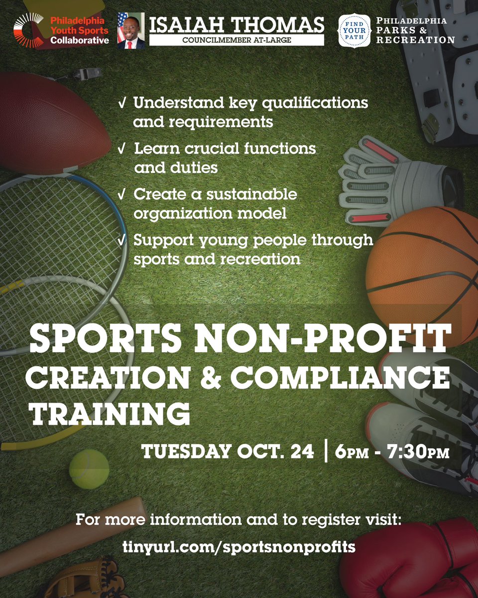 Are you interested in youth sports nonprofit work? 🥎🏈🏀⚽️ Engaging young people through athletics is a passion of mine & I know first hand the struggles of managing a nonprofit. Come learn from @PhilaYouthSport & @PhilaParkandRec on Tuesday, Oct 24 tinyurl.com/sportsnonprofi…