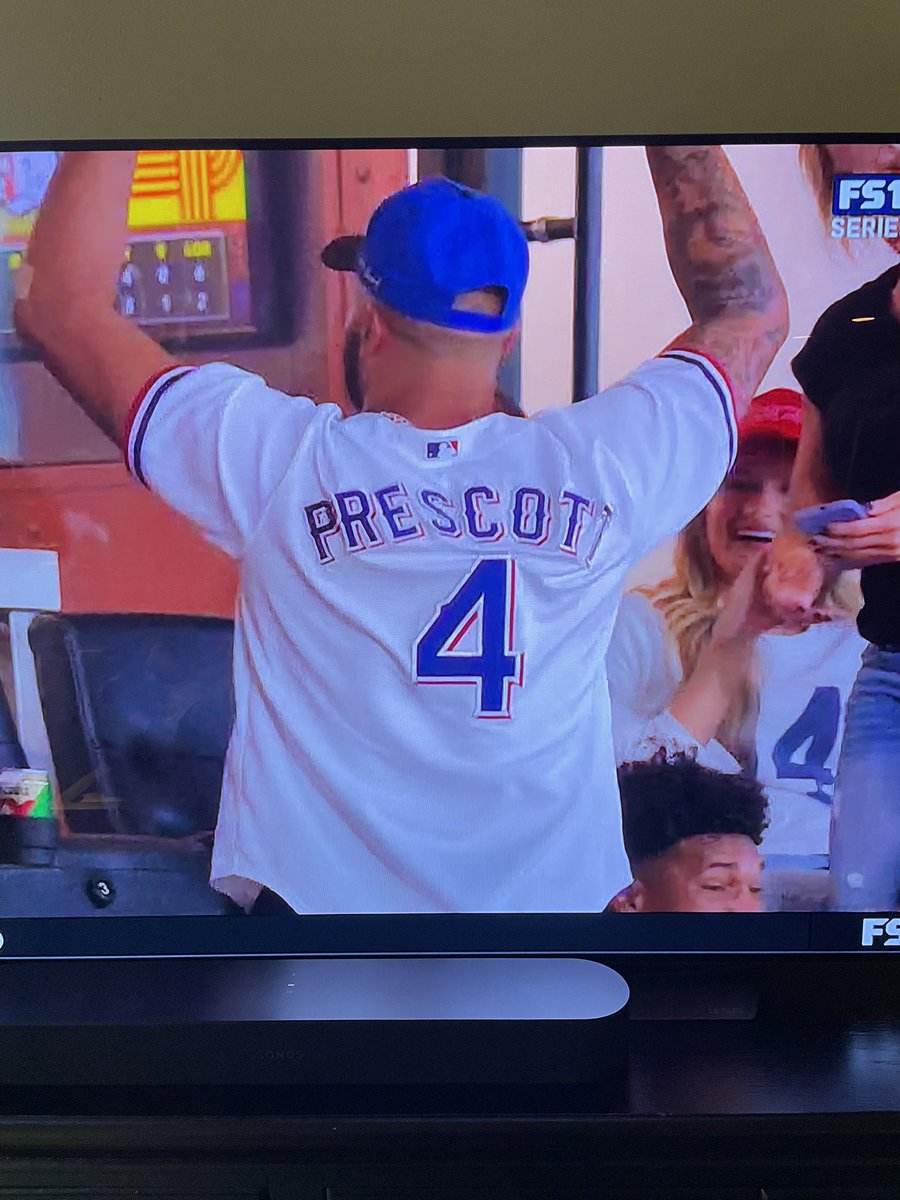 apseals's tweet photo. @dpshow @PaulPabst @HiMyNameIsSeton @brooklynfritzy @PrinceMarv13 Does Dak’s personalized Texas Rangers jersey violate the DP Show jersey etiquette policy? Inquiring minds want to know! https://t.co/89ekkTjuPS