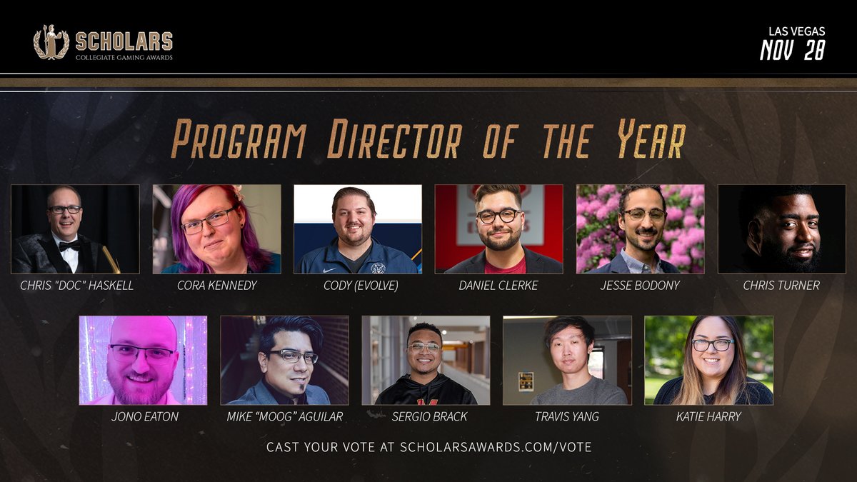 The nominees for the Program Director of the Year award are...

<a href="/MoogDiesel/">Moog</a>
<a href="/haskell/">Doc Haskell</a>
<a href="/travisyang/">Travis Yang</a>
<a href="/ImPhysix/">Sergio</a>
<a href="/clerkie/">Daniel Clerke</a>
<a href="/evolve/">Cody aka Evolve</a>
<a href="/CoachRicashea/">Jono Eaton</a>
<a href="/JesseBodony1/">Jesse</a>
#KatieHarry
<a href="/TheRogueCora/">Cora Kennedy</a>
#ChrisTurner

✅ Vote now at scholarsawards.com/vote/ 

Scholars Awards - November 28th | Las Vegas