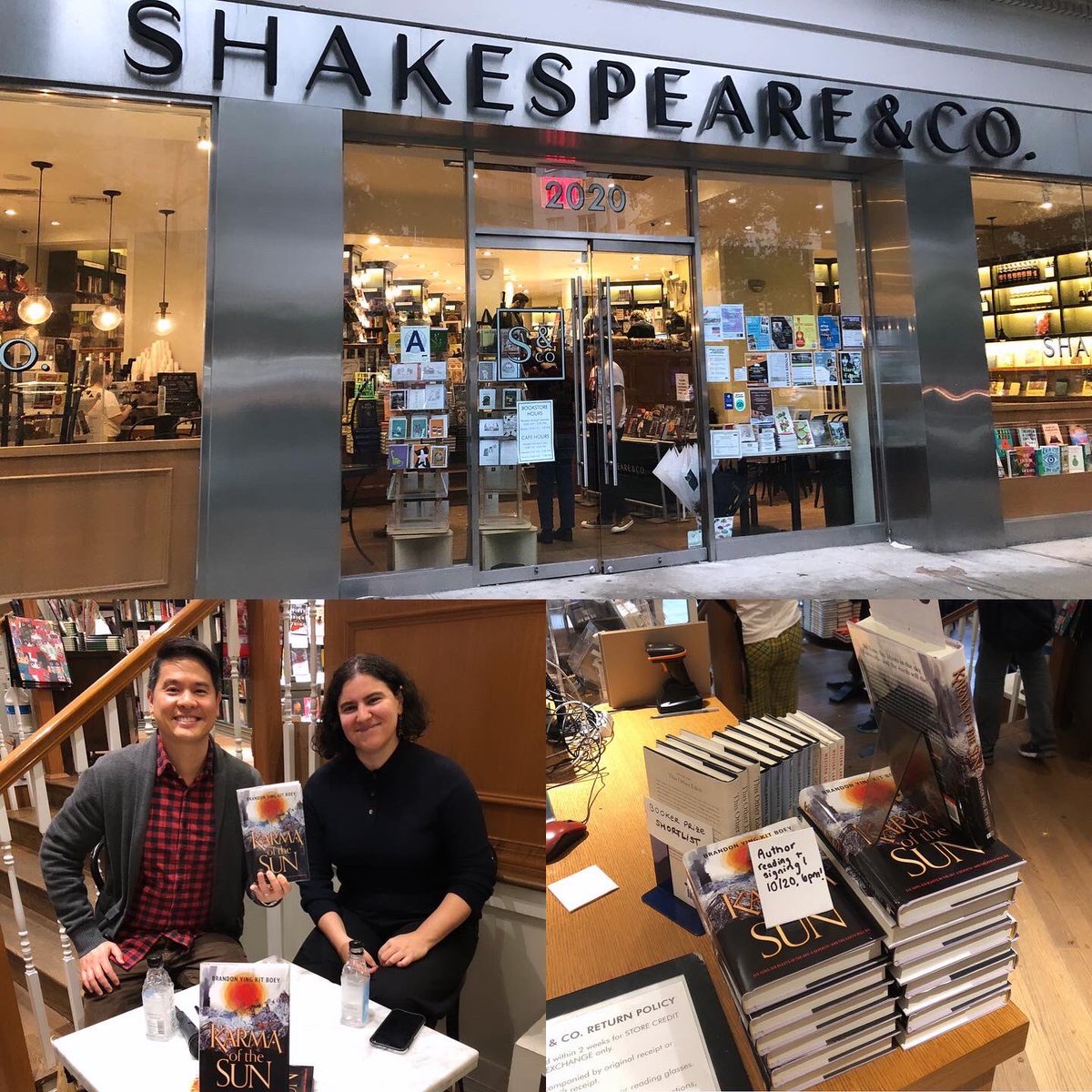 BrandonYKBoey's tweet photo. Thank you to Shakespeare &amp; Co. in NYC for having me and @tetrametertalks last night!  #karmaofthesun https://t.co/WhbY1gVy41