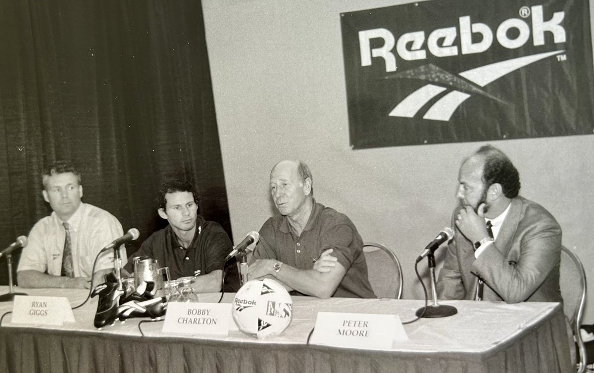 PeterMooreUSA's tweet photo. Truly saddened to hear of the passing of the great Sir Bobby Charlton. I had the privilege of working with him during the 1996 Olympics in Atlanta, where he was an ambassador for Reebok Soccer. What a dignified, humble, elegant man…and what a striker of the ball. RIP… https://t.co/AKWk9Ugq15