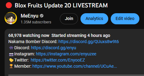 enyoo on X: 69K live viewers, never in my life would I have thought. Thank  you Blox Fruits update 20 that still isn't here yet   / X