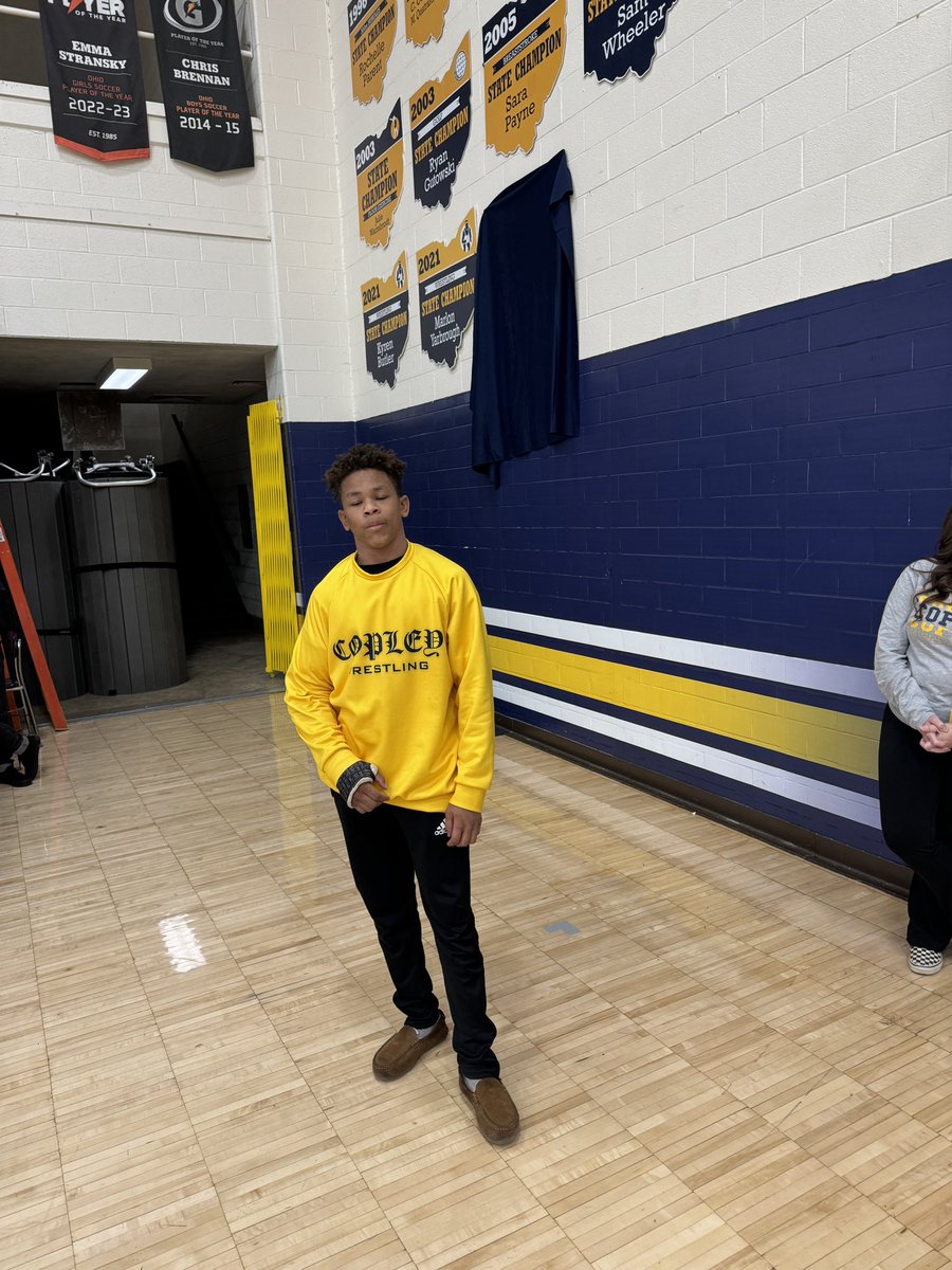 CopleyHSSports's tweet image. At yesterday’s fall pep assembly, we had the privilege of adding Javaan Yarbrough’s state championship banner to the honor wall in the main gym. Congratulations! #roomforonemore
