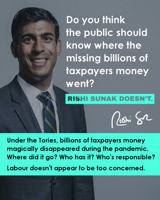 Britain_People's tweet image. 🔴TORY CORRUPTION

Do YOU think the public should know where the missing BILLIONS of taxpayers' money went?

👉RETWEET if you agree this should be investigated.

#ToriesOut