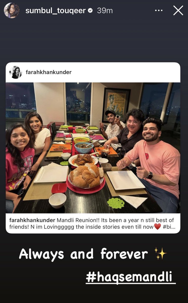 Screaming…..Shouting…..Dancing!!!!
OMG!!! Mandli Re-union!!!!🤩😱🥹😍

Always and Forever…..Mashallah Mashallah…..

HAQ SE MANDLI ♥️♥️♥️♥️
#SumbulTouqeerKhan 
#ShivThakare 
#NimritKaurAhluwalia 
#McStan
#SajidKhan 
#HaqSeMandli