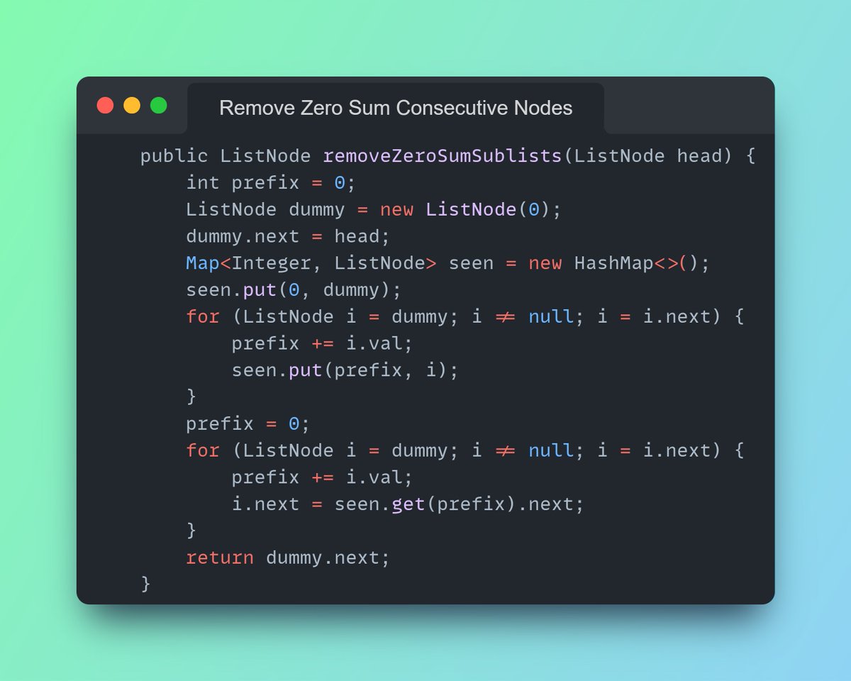 Imbhavaniprasad's tweet image. DSA #dailycodechallenge
#111 Remove Zero Sum Consecutive Nodes
I love this problem 🤩
Tip : Find repeated prefix sum &amp; link first found prefix sum to the last found same prefix sum's next node🤓
#DSAWithKunal #100DaysOfCode #leetcode #linkedlist