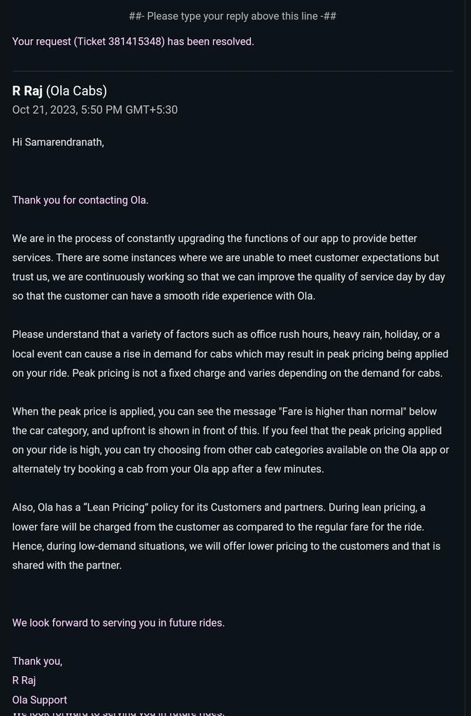 itssamarendra's tweet photo. @ola_supports I asked @ola_supports how my 11Km ride cost Rs 450 and this is the personalized reply I received.
@Olacabs https://t.co/qYzne2qgKu